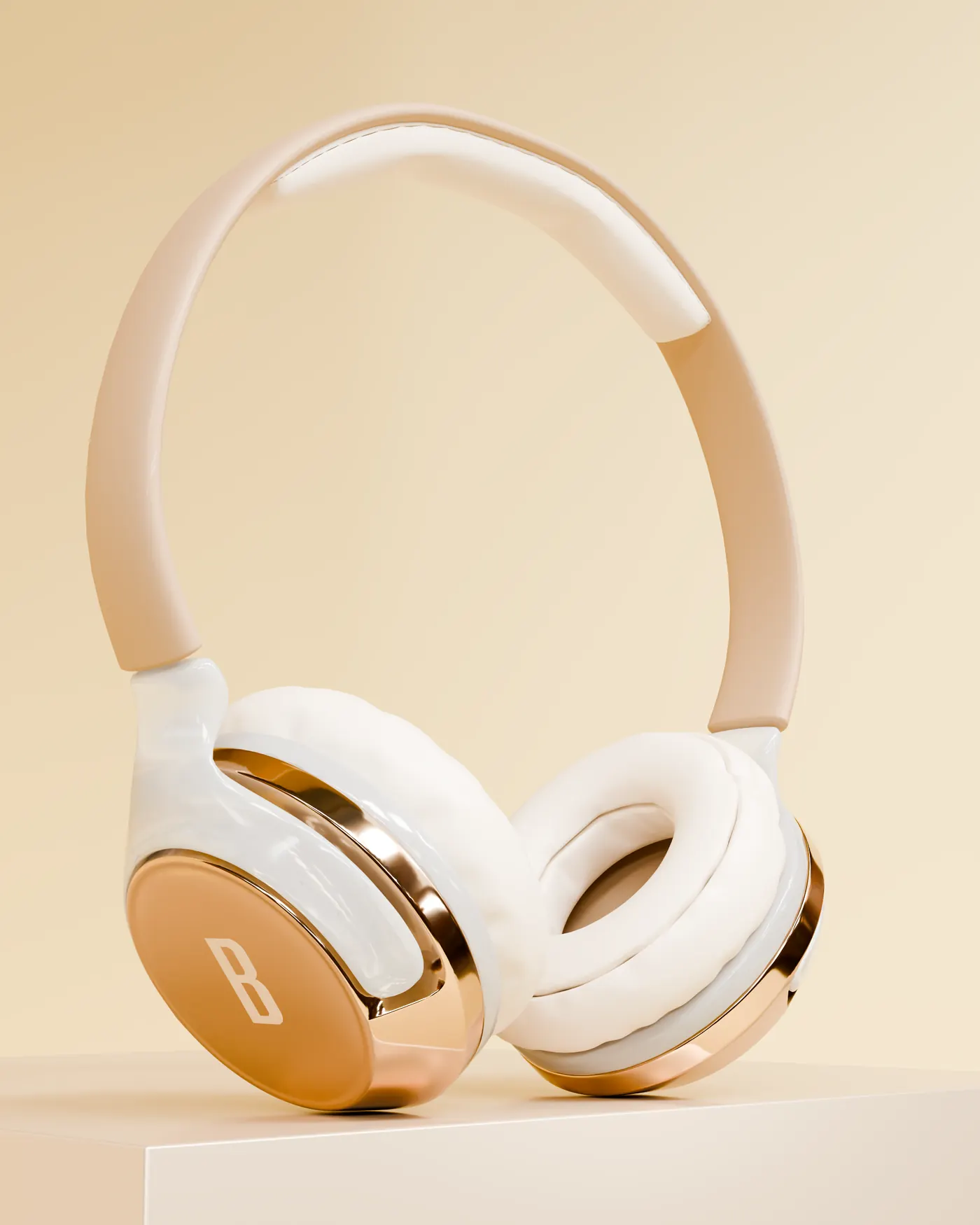 BQ-01 headphones at three-quarter angle, resting on a cream pedestal